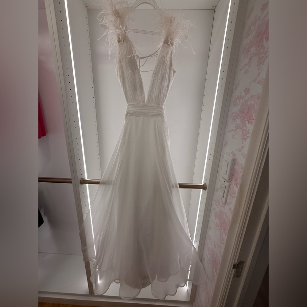 Mac Duggal White Feathered Wedding Dress